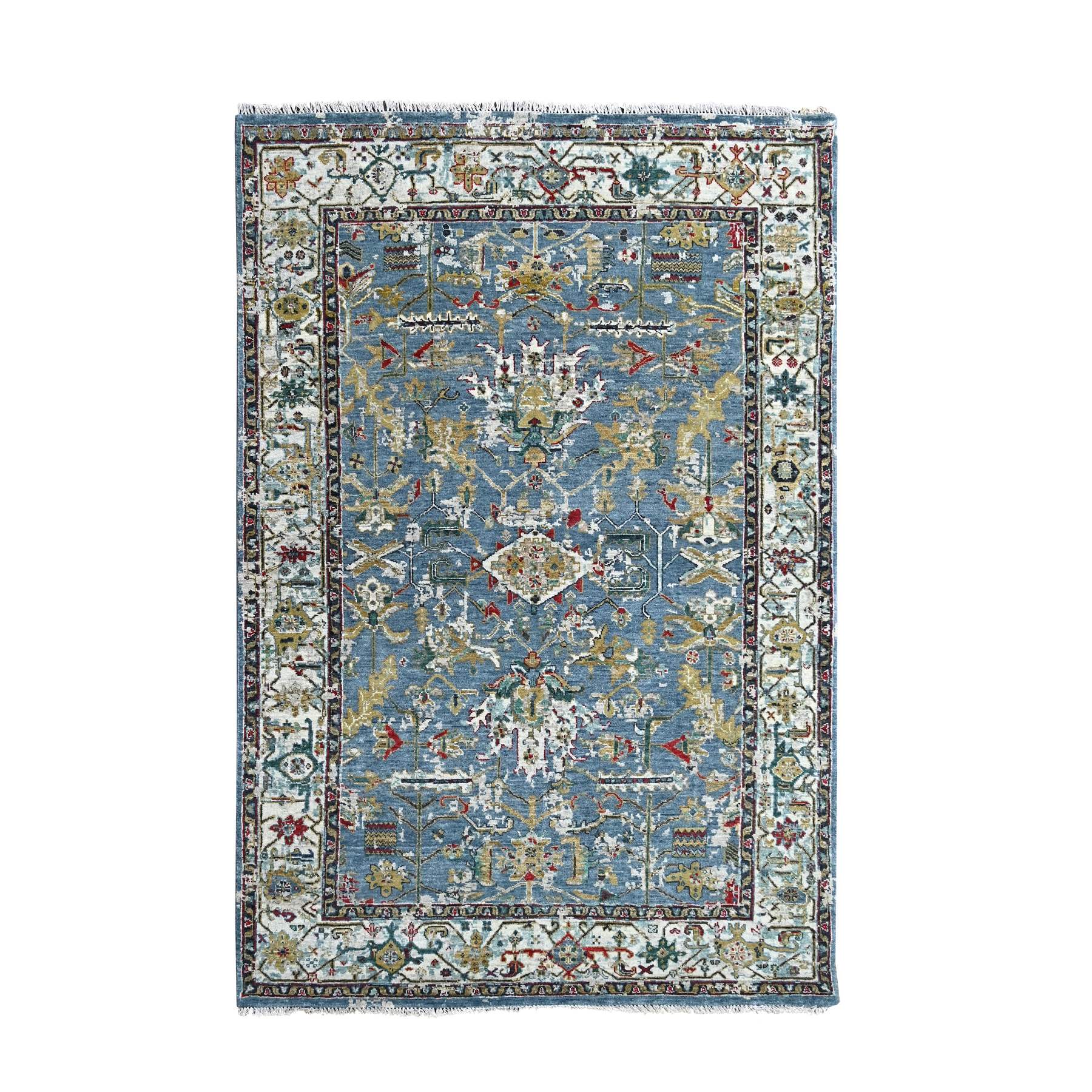 Trooper Blue, Seagull Gray Border, Hand Knotted Vibrant Wool, Densely Woven, Broken Persian Heriz Erased Design With Soft Color Palette, Oriental Rug